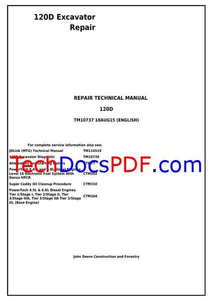 John Deere 120D Excavator Repair Technical Manual (TM10737)