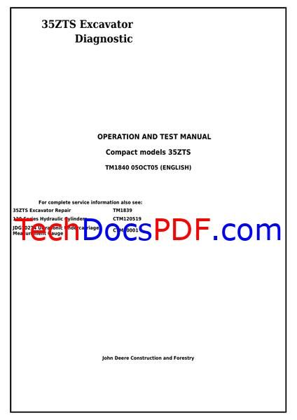John Deere 35ZTS Excavator Diagnostic Operation and Test Manual (TM1840)
