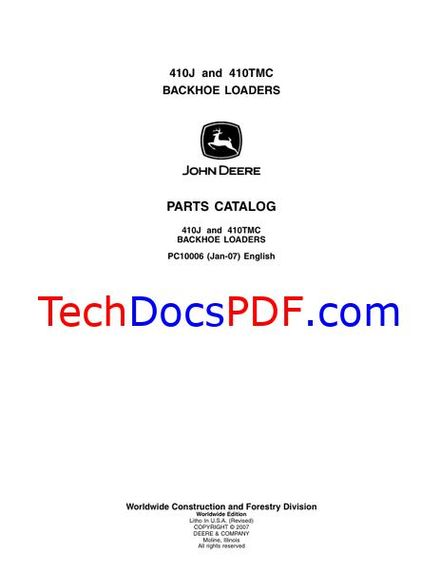 John Deere 410J and 410TMC Backhoe Loaders Parts Catalog (PC10006)