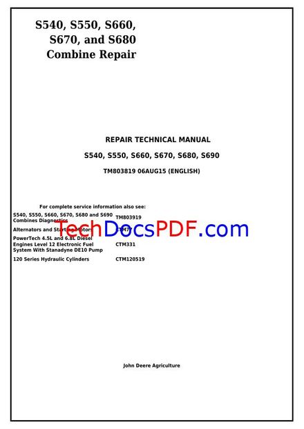 JOHN DEERE S540 S550 S660 S670 S680 S690 COMBINE SN 000001-120099 (REPAIR) SERVICE MANUAL (TM803819)