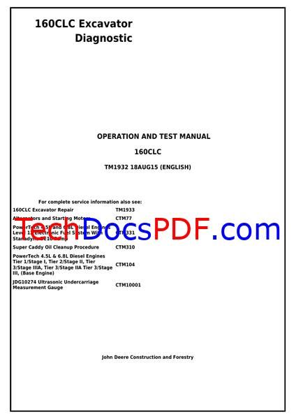 John Deere 160CLC Diagnostic Operation and Test Manual (TM1932)