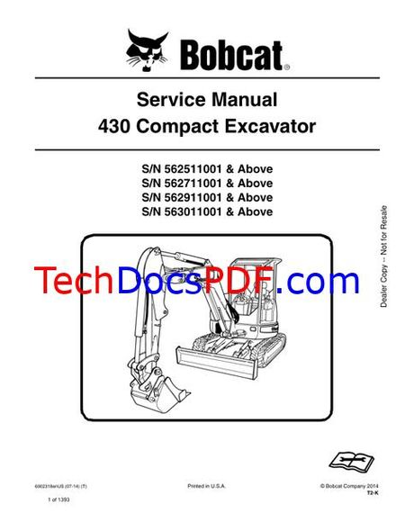 Bobcat 430 Compact Excavator Service Manual (6902318enUS 2014)