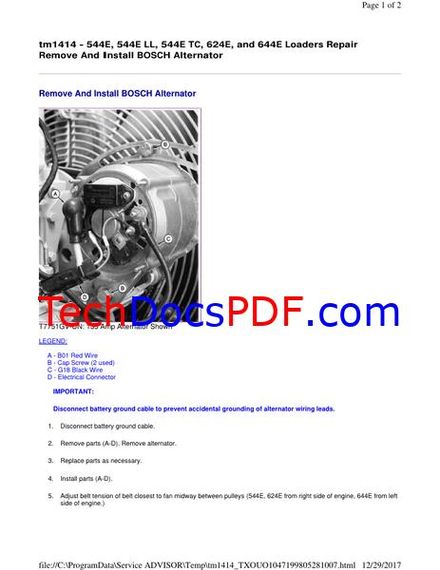 John Deere 544E, 544E LL, 544E TC, 624E and 644E Loaders Repair Technical Manual (TM1414)