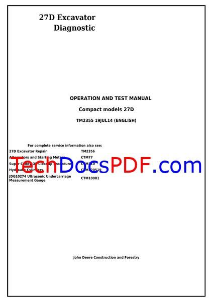 John Deere 27D Excavator Diagnostic Operation and Test Manual (TM2355)