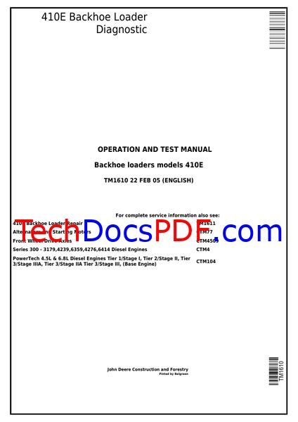 John Deere 410E Backhoe Loader Diagnostic Operation and Test Manual (TM1610)