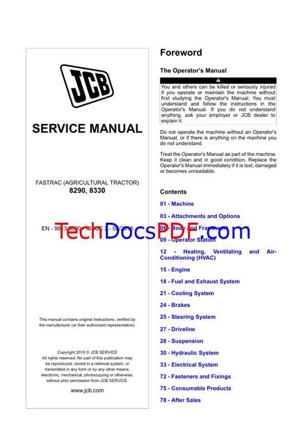 JCB 8290, 8330 Fastrac Agricultural Tractor Service Manual