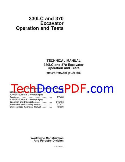 John Deere 330LC and 370 Excavator Operation and Tests Technical Manual (TM1669)