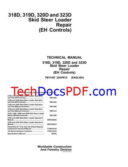 John Deere 318D, 319D, 320D, 323D Skid Steer Loader Repair (EH Controls) Technical Manual (TM11407)