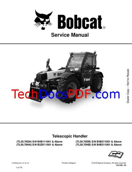 Bobcat TL30.70(D)(H)A, TL30.70(D)(H)B Telescopic Handler Service Manual (7319660enUS)