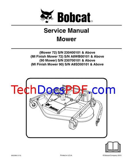 Bobcat Mower 72 &amp; 90 Attachment Service Manual (6902088)