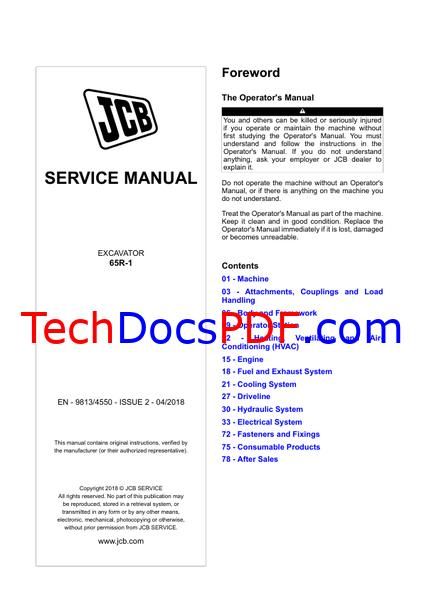 JCB 65R-1 Excavator Service Manual (9813/4550)
