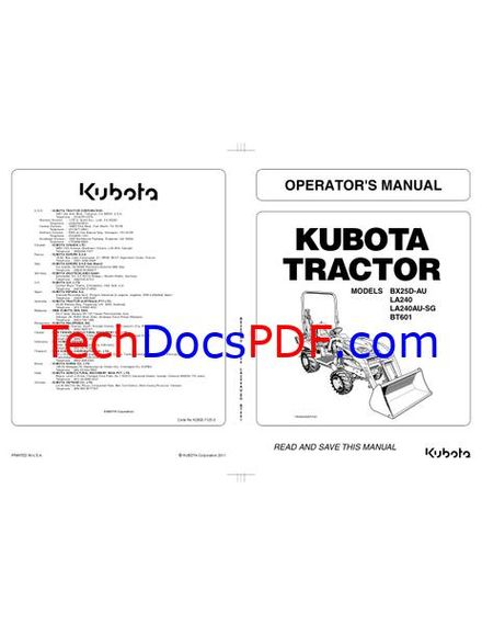 Kubota BX25D-AU Tractor with LA240/LA240AU Loader and BT601 Backhoe Operators Manual (K2692-7125-3)