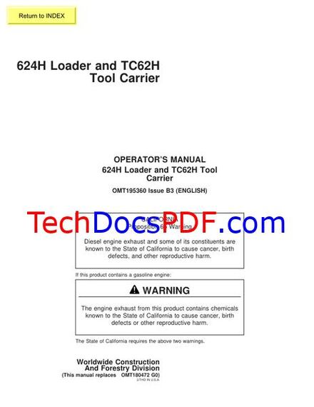 John Deere 624H Loader and TC62H Tool Carrier Operators Manual (OMT195360)
