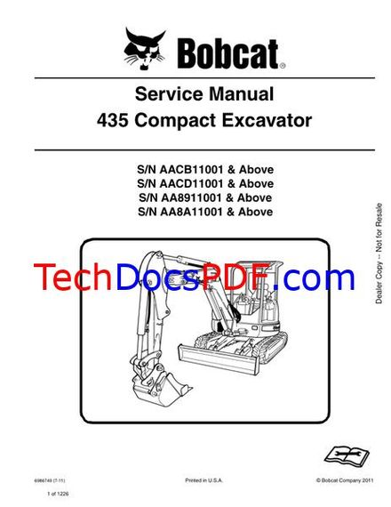 Bobcat 435 Compact Excavator Service Manual (6986749 2011)