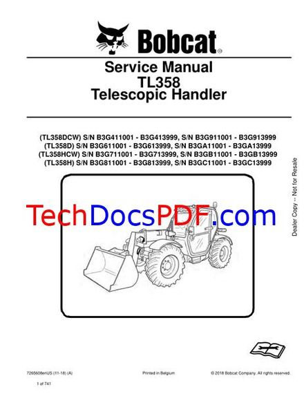 Bobcat TL358 Telescopic Handler Service Manual (7265608enUS)
