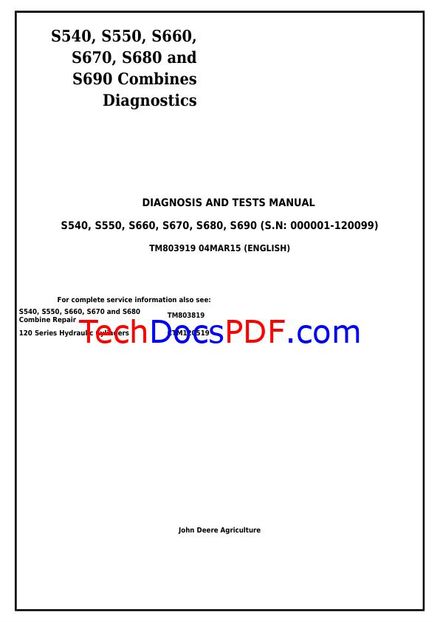 John Deere S-Series Combine Diagnostics &amp; Service Manual PDF