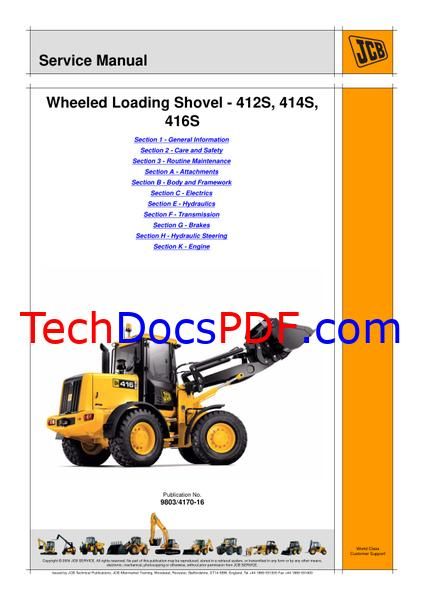 JCB 412S, 414S, 416S Wheeled Loading Shovel Service Manual (9803/4170-16)