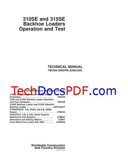 John Deere 310SE and 315SE Backhoe Loaders Operation and Test Technical Manual (TM1608)
