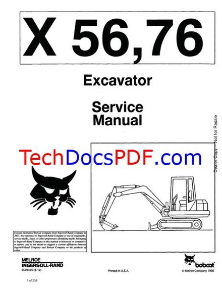 Bobcat X56 / X76 Excavator Service Manual (6570475)