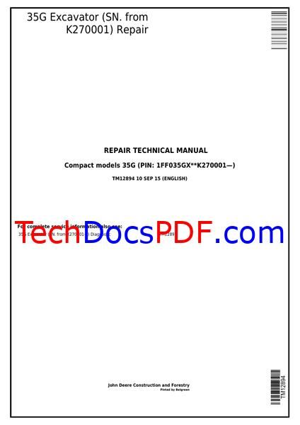 John Deere 35G Excavator Repair Technical Manual (TM12894)