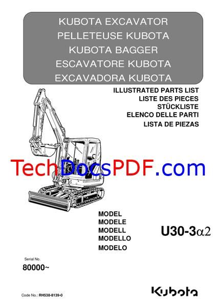 Kubota U30-3α2 Excavator Serial No. 80000- Parts Catalog (RH538-8139-0)