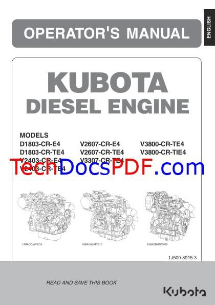 Kubota D1803, V2403, V2607, V3307, V3800 Diesel Engine Operators Manual