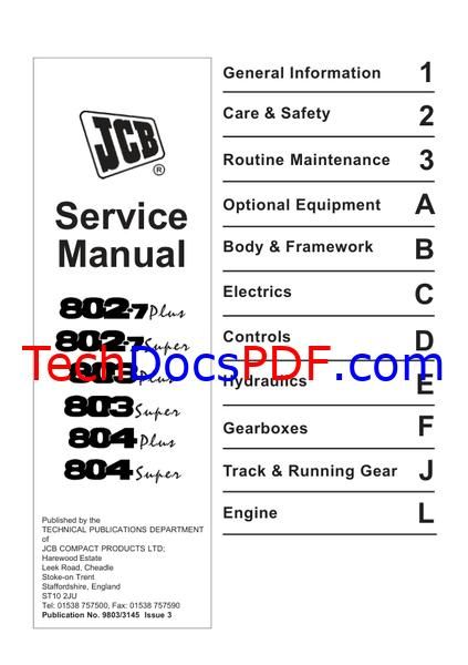 JCB 802.7 Plus, 802.7 Super, 803 Plus, 803 Super, 804 Plus, 804 Super Service Manual (9803/3145-3)