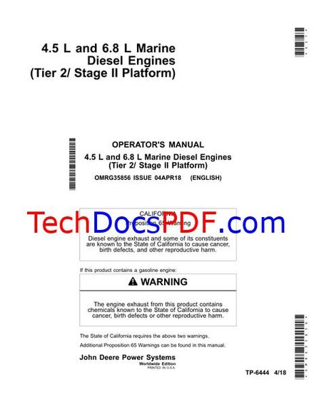 John Deere 4.5 L and 6.8 L Marine Diesel Engines (Tier 2 / Stage II Platform) Operator&#x27;s Manual
