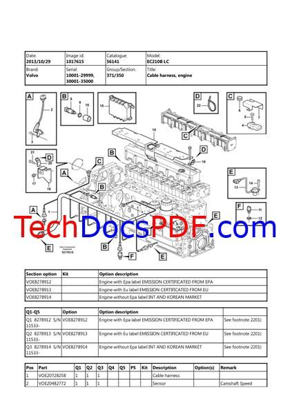 Volvo EC210B LC, EC210B LR, EC210B NC, EC210B NLC Excavator Parts Manual