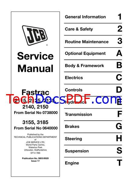 JCB Fastrac 2000 and 3000 Series Tractors (2115, 2125, 2135, 2140, 2150, 3155, 3185) Service Manual 