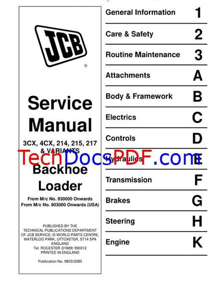 JCB 3CX, 4CX, 214, 215, 217 &amp; VARIANTS Backhoe Loader Service Manual (9803/3280)