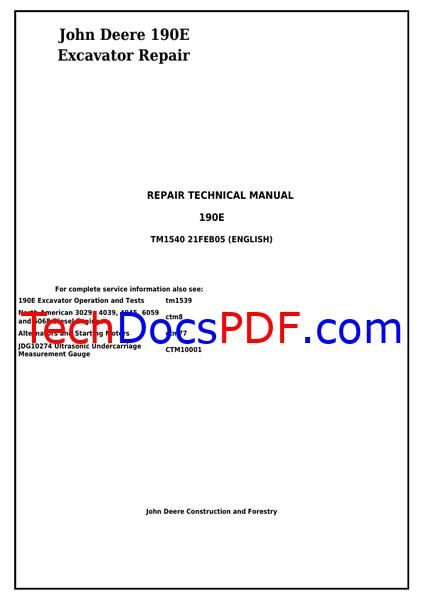 John Deere 190E Excavator Repair Technical Manual (TM1540)