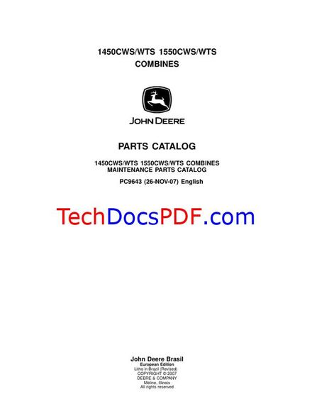 John Deere 1450CWS 1450WTS 1550CWS 1550WTS Combines Parts Catalog (PC9643)