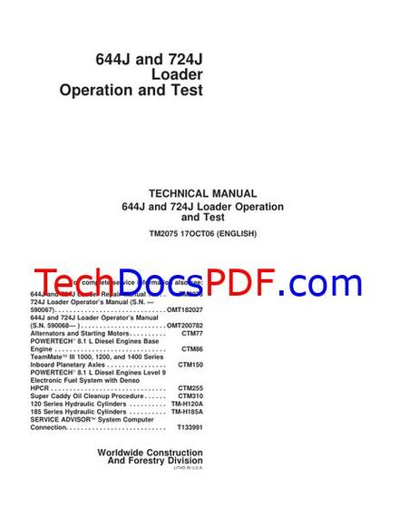 John Deere 644J and 724J Loader Operation and Test Technical Manual (TM2075)