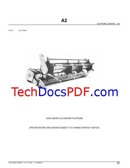 John Deere 218 Draper Platform Parts Catalog (PC1664)