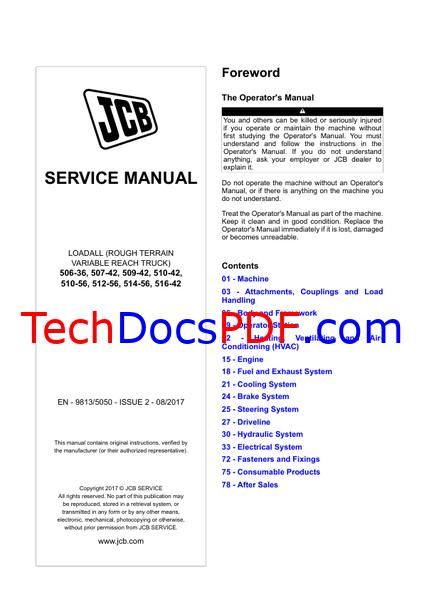 JCB 506-36, 507-42, 509-42, 510-42, 510-56, 512-56, 514-56, 516-42 Loadall Service Manual 9813/5050