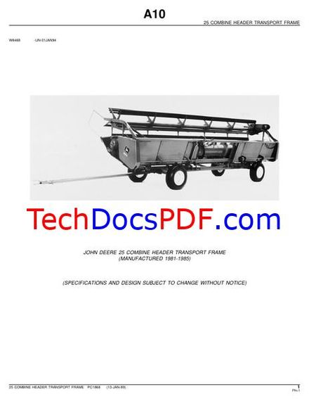 John Deere 25 Combine Header Transport Frame Parts Catalog (PC1868)
