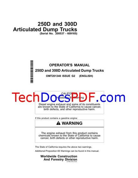 John Deere 250D and 300D Articulated Dump Truck Operators Manual (OMT201340)