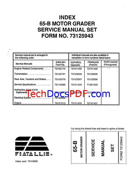 FIAT ALLIS 65-B MOTOR GRADER SERVICE MANUAL (PN 73125943)