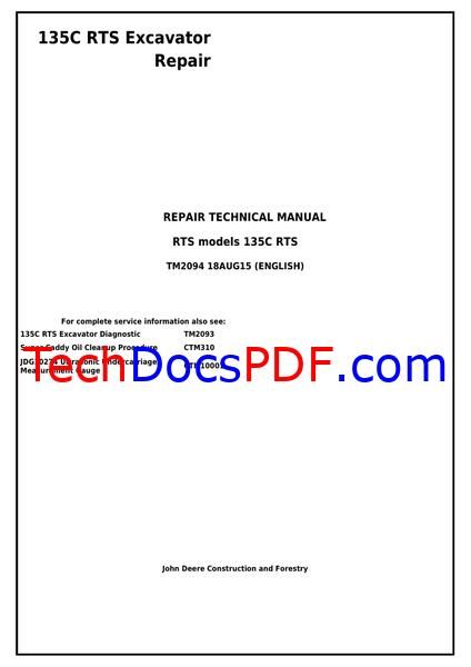 John Deere 135C RTS Excavator Repair Technical Manual (TM2094)