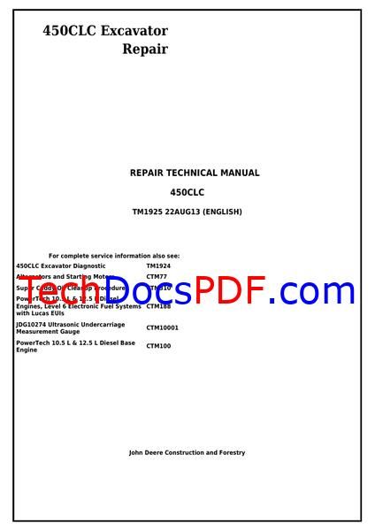 JOHN DEER 450CLC EXCAVATOR SERVICE REPAIR TECHNICAL MANUAL (TM1925)