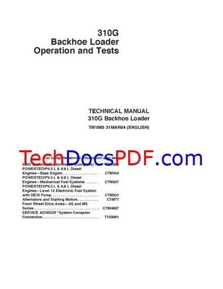 John Deere 310G Backhoe Loader Operation and Tests Technical Manual (TM1885)