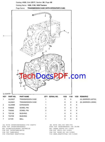 JOHN DEERE 1030 1130 1630 Tractors Engine Parts Catalog (PC4155)