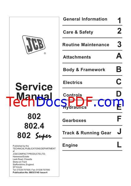 JCB 802, 802.4 &amp; 802 Super Mini Crawler Excavators Tier 1 Service Manual (9803/3140)