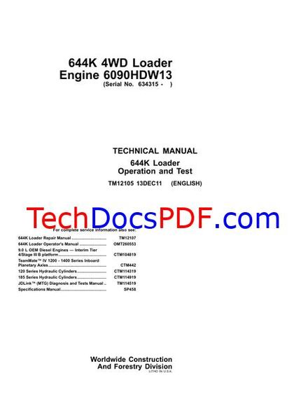 John Deere 644K 4WD Loader Engine 6090HDW13 Operation and Test Technical Manual (TM12105)