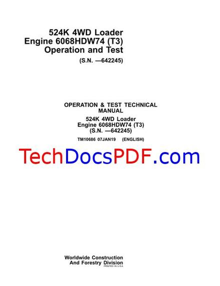 John Deere 524K 4WD Loader Operation &amp; Test Technical Manual (TM10686)