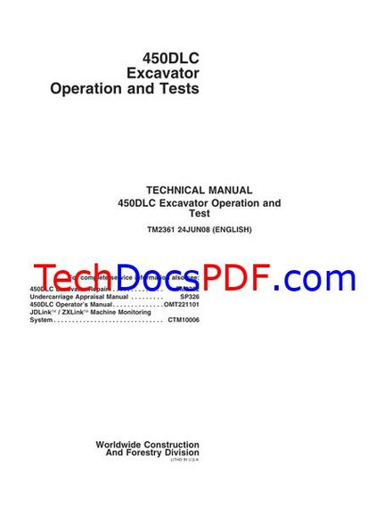 John Deere 450DLC Excavator Operation and Tests Technical Manual (TM2361)