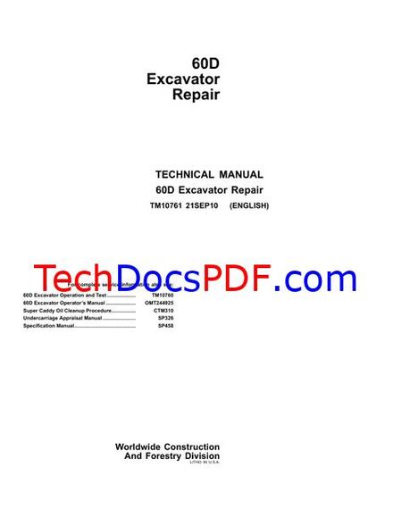John Deere 60D Excavator Repair TECHNICAL MANUAL (TM10761)