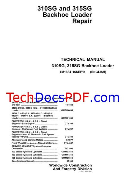 John Deere 310SG and 315SG Backhoe Loaders Repair Technical Manual (TM1884)