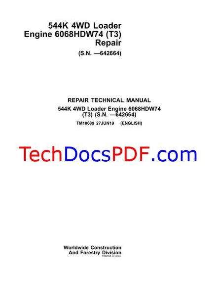 John Deere 544K 4WD Loader (T3) Repair Technical Manual (TM10689)